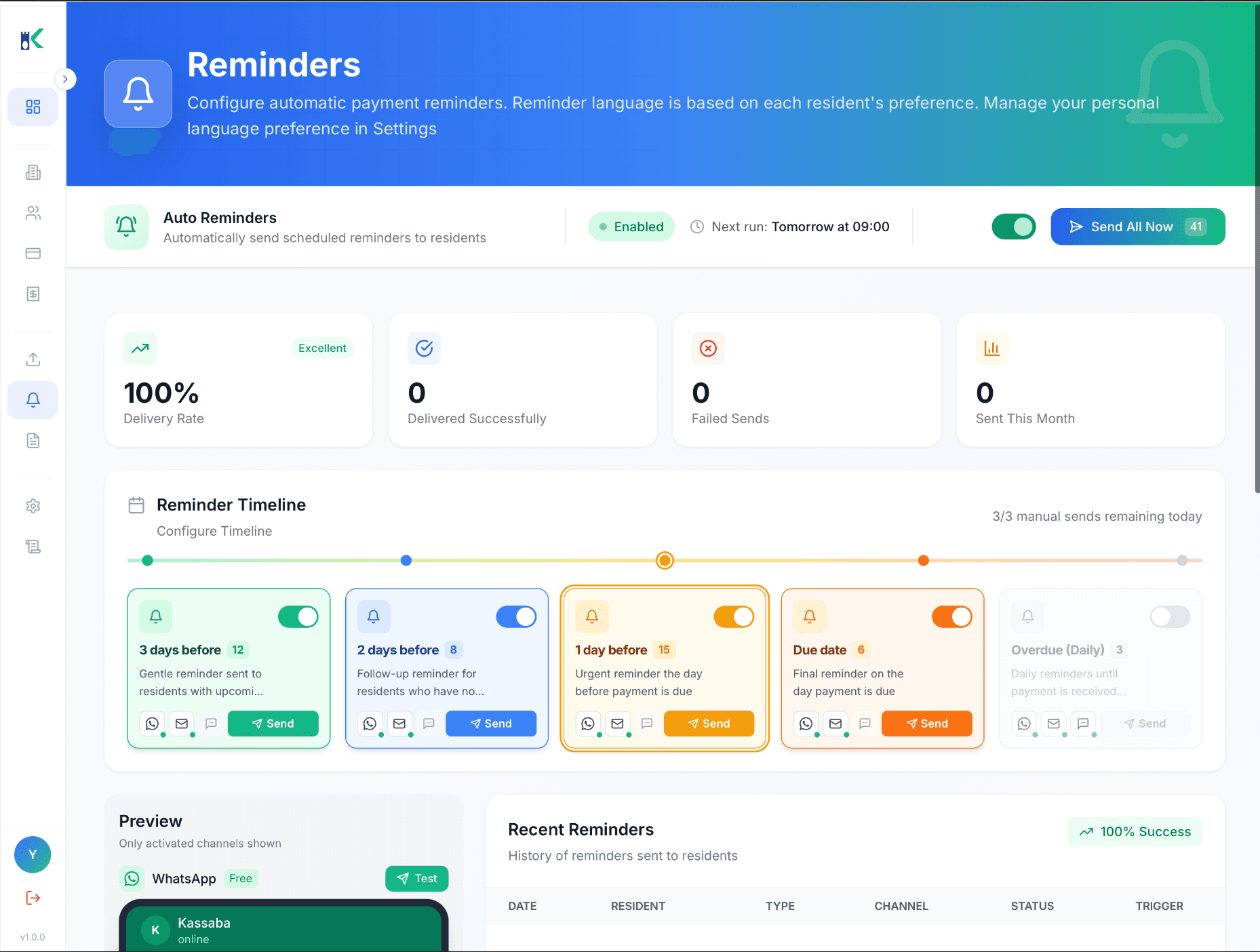 Tableau de bord Kassaba montrant la configuration des relances automatisées